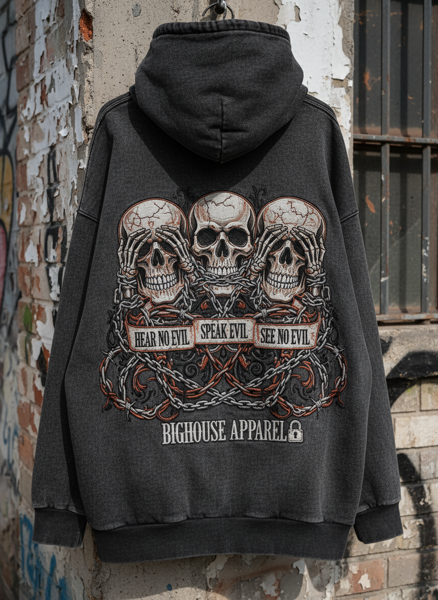 Bighouse “Hear No Evil” Skull Hoodie — Charcoal