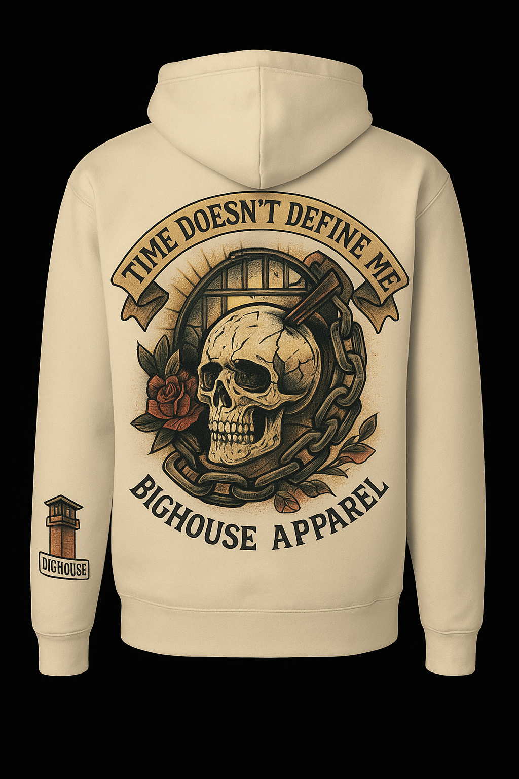 Bighouse “Time Doesn’t Define Me” Skull Hoodie — Sandstone