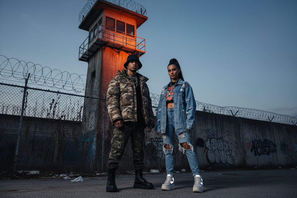 Urban models in front of a prison tower